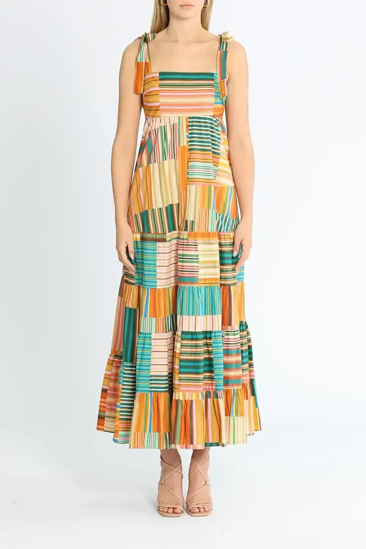 Alemais Sloane Tiered Midi Dress in Multi Stripe Size 8 - Image 1