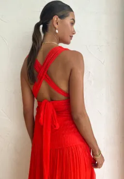 Shona Joy Leilani Midi Plunge Tie Back Dress Hibiscus Red Size 6 for rent on The Volte - image 3