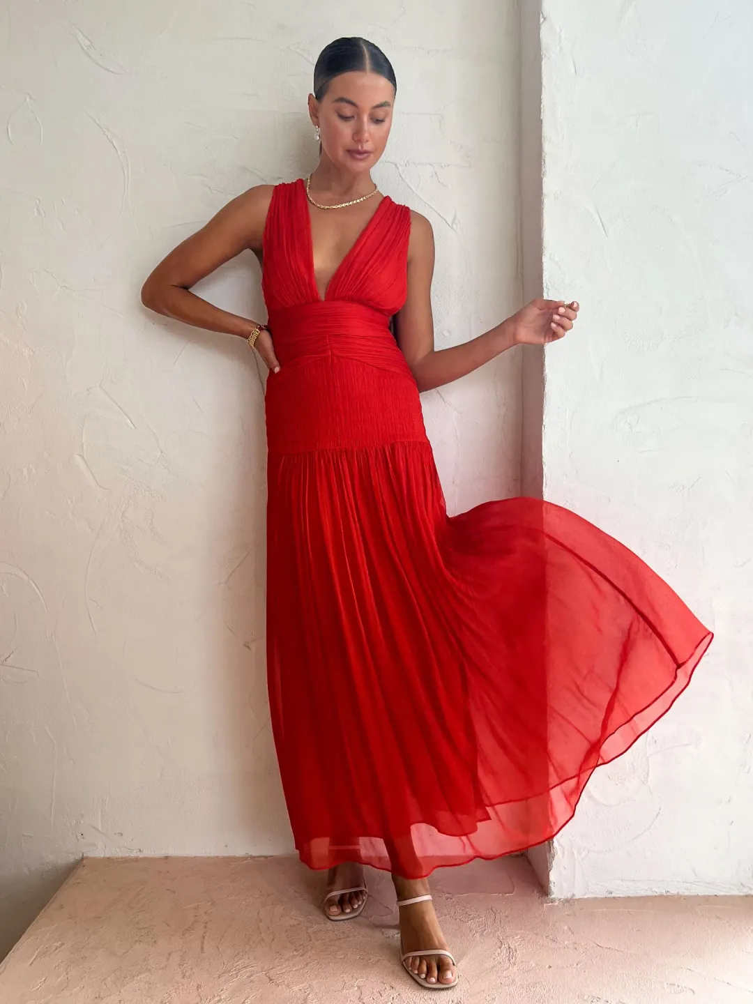 Shona Joy Leilani Midi Plunge Tie Back Dress Hibiscus Red Size 6 for rent on The Volte - main image