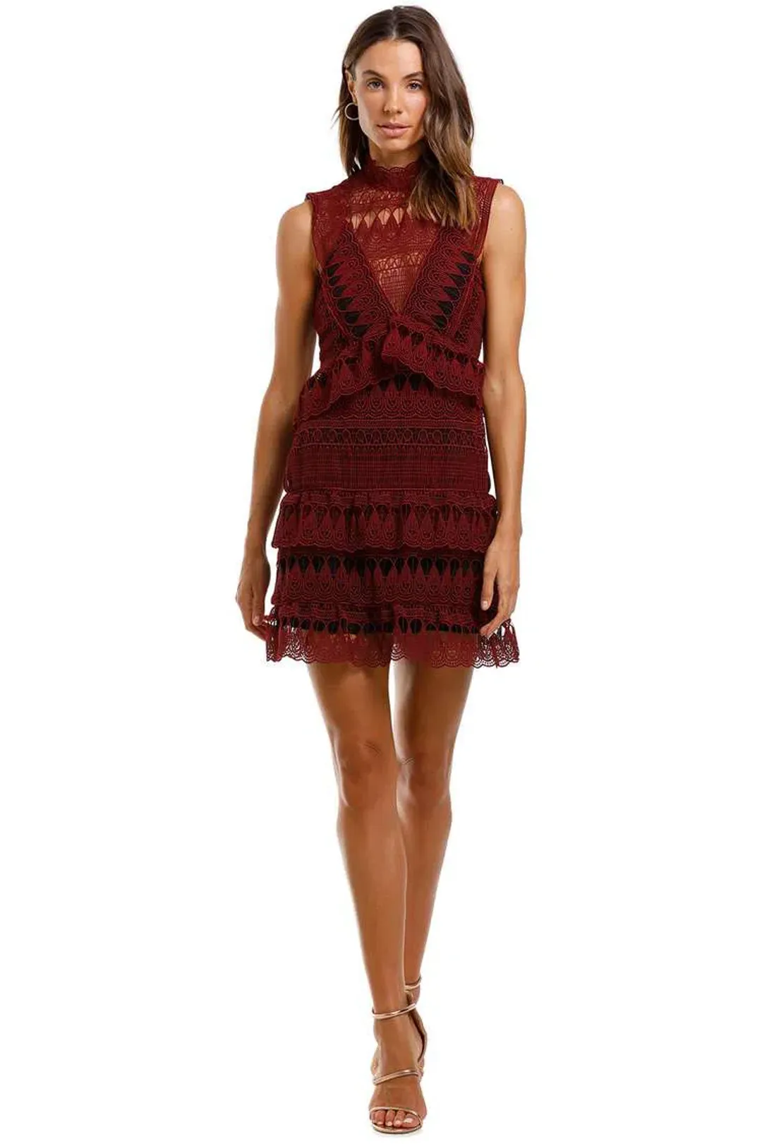 Self Portrait Teardrop Guipure Lace Mini Dress Burgundy Size 6 for rent on The Volte - main image