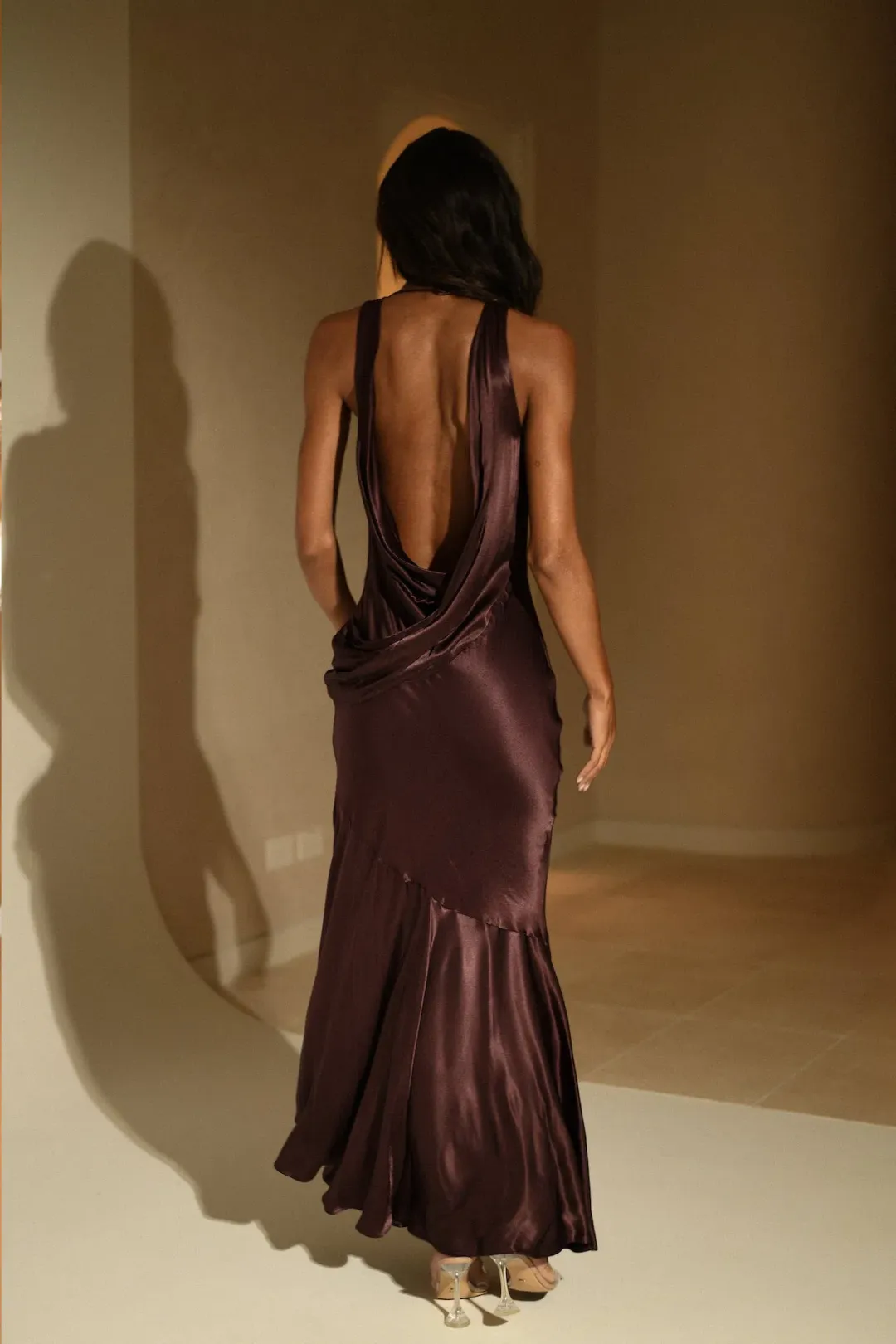 Meshki Ellison Satin Cowl Gown Dark Chocolate Size L / AU 12 for rent on The Volte - main image