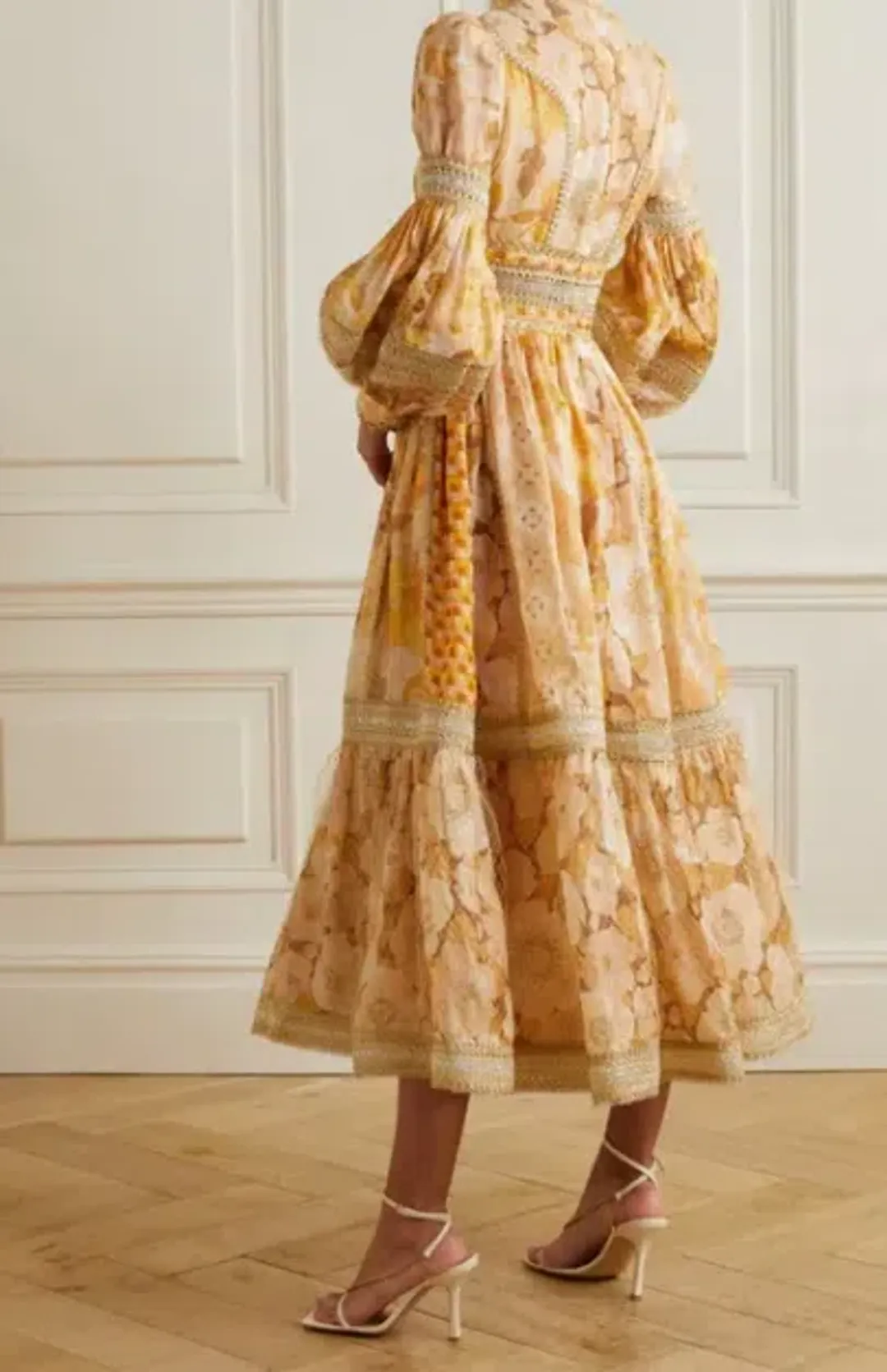 Zimmermann Tempo Spliced Trim Gown Gold Mixed Print Size 16 for rent on The Volte - main image