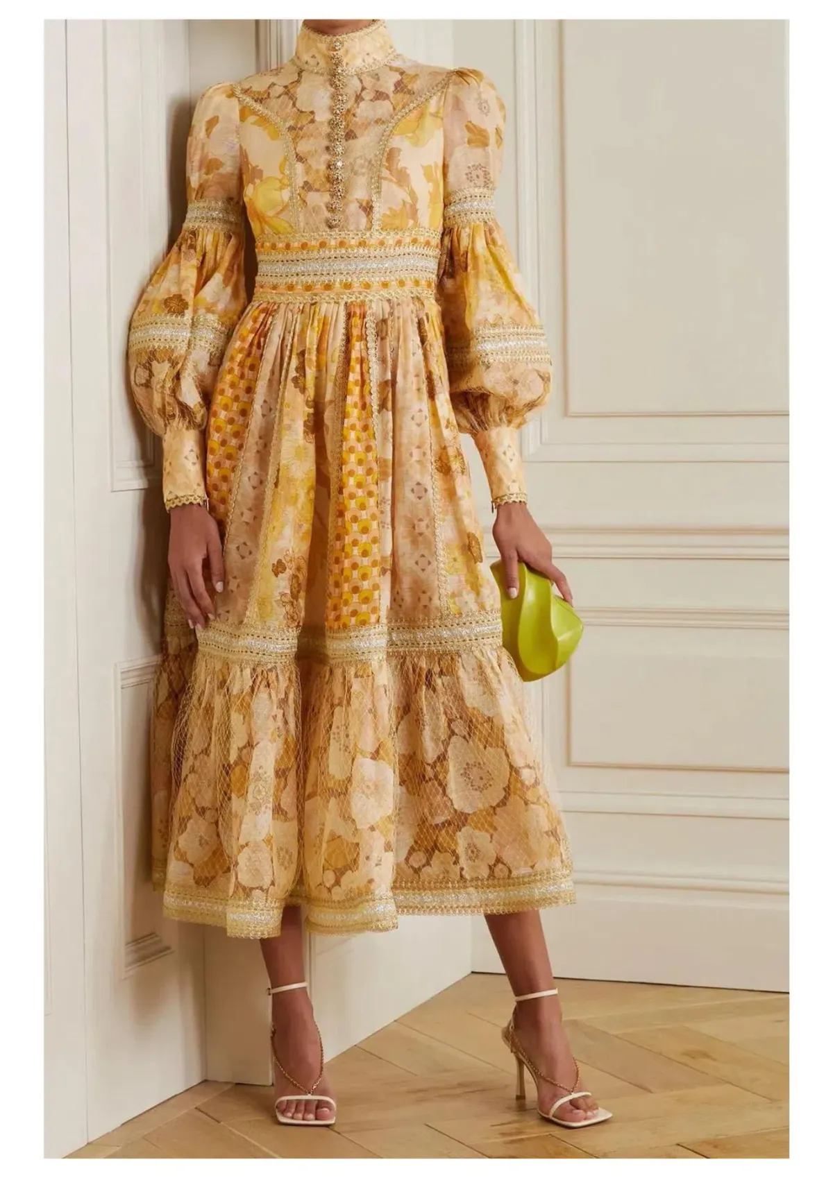 Zimmermann Tempo Spliced Trim Gown Gold Mixed Print Size 16 for rent on The Volte - main image