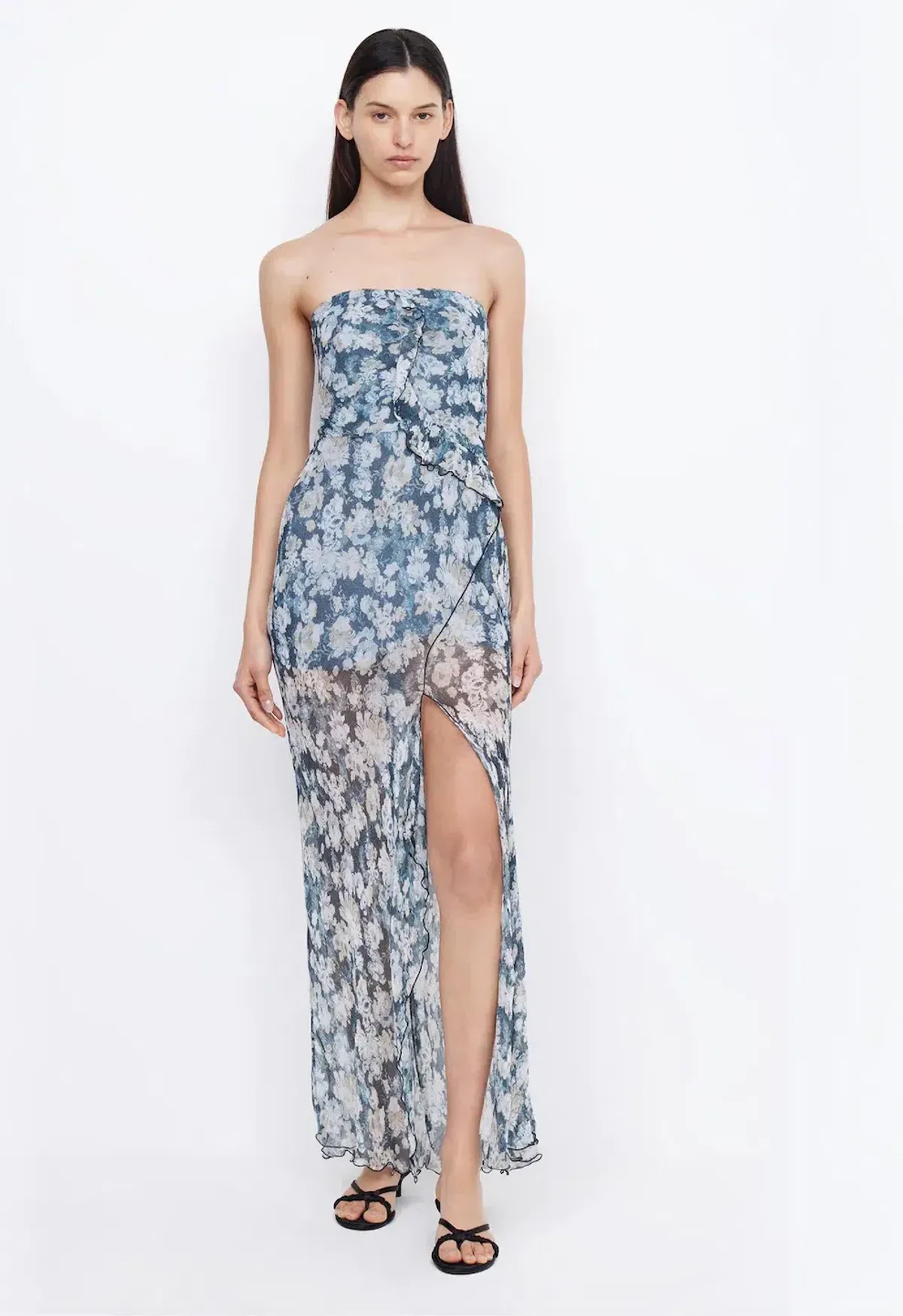 Bec & Bridge Opal Strapless Frill Ruffle Maxi Dress Denim Floral Size AU 8 - Image 1