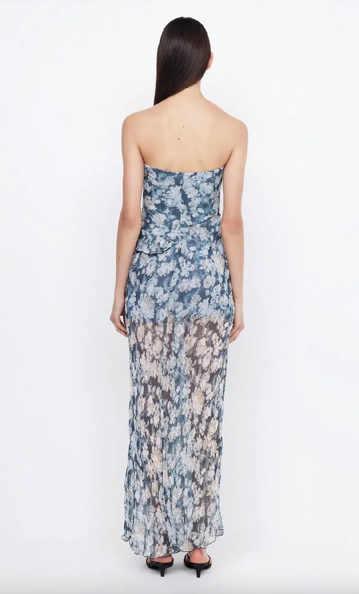 Bec & Bridge Opal Strapless Frill Ruffle Maxi Dress Denim Floral Size AU 8 - Image 4