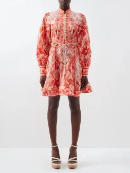 Zimmermann Lyre Billow Sleeve Mini Dress Red Palm Print Size 0/Au 8 for rent on The Volte - image 1