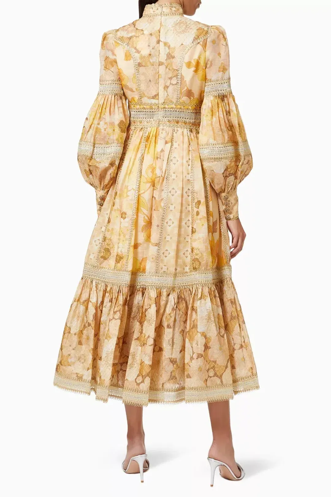Zimmermann Tempo Spliced Trim Gown Gold Mixed Print Size 4/ AU 16 for rent on The Volte - main image