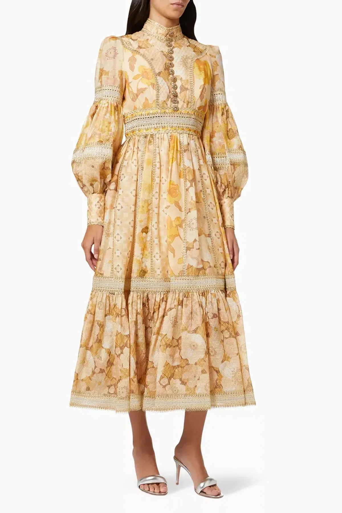 Zimmermann Tempo Spliced Trim Gown Gold Mixed Print Size 4/ AU 16 - Image 1