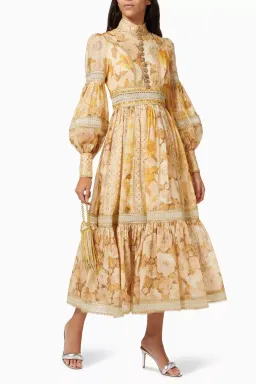 Zimmermann Tempo Spliced Trim Gown Gold Mixed Print Size 4/ AU 16 for rent on The Volte - image 2