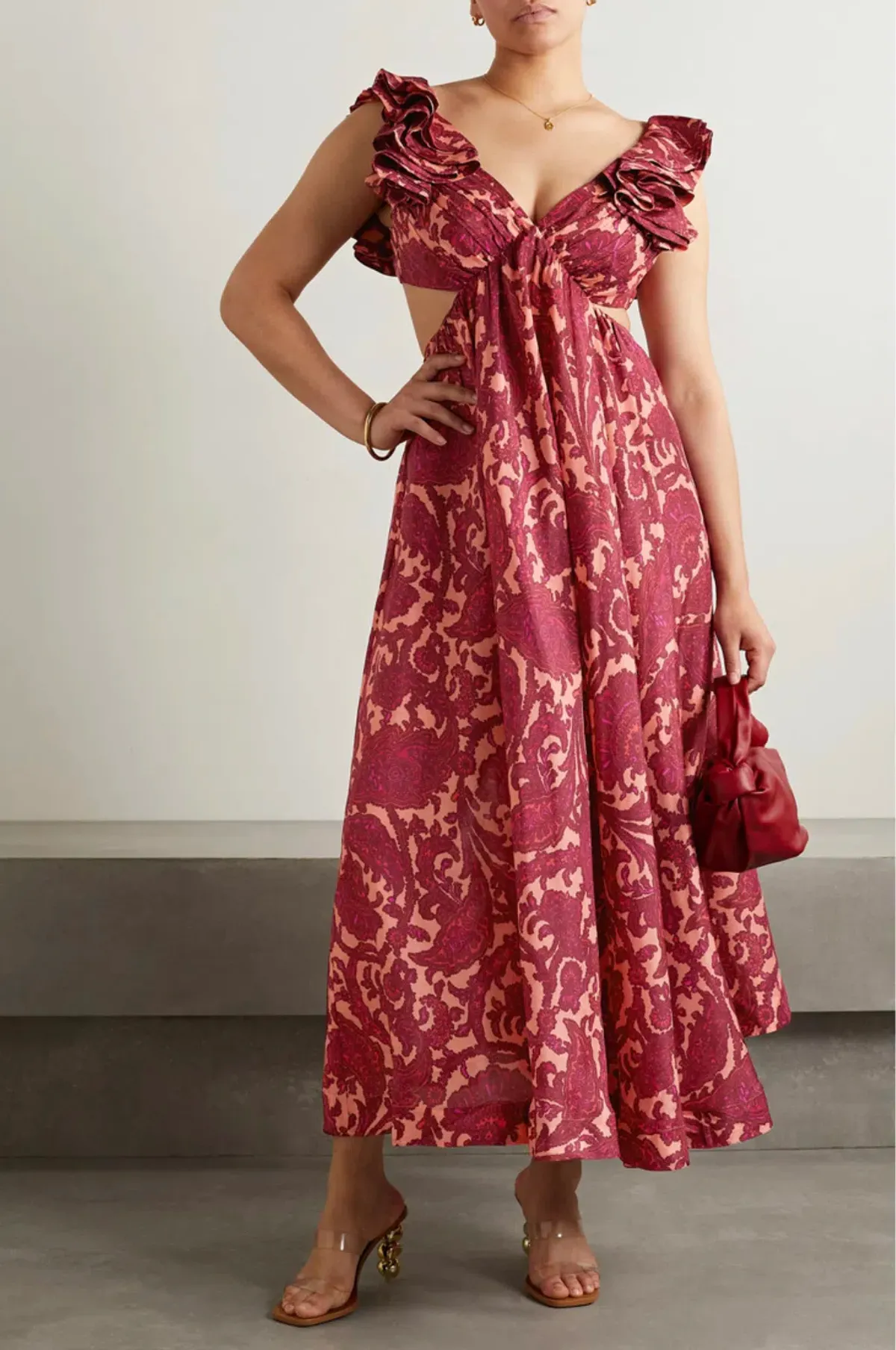 Zimmermann Tiggy Cutout Ruffled Silk Midi Dress Paisley Print 2/AU 12 for rent on The Volte - main image