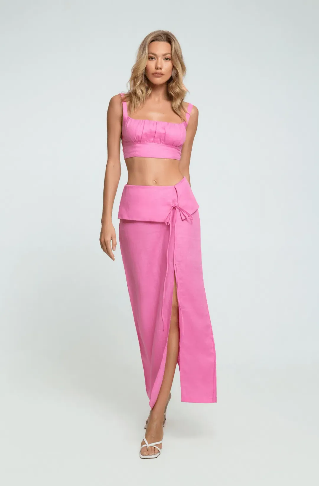 Summer Born Label Catara Linen Crop Top and Midi Skirt Set Pink Size XS /AU 6 for rent on The Volte - main image
