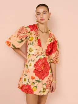 By Nicola Bolero Gathered Neckline Mini Dress In Raspberry Punch Floral Size 8 for rent on The Volte - image 8