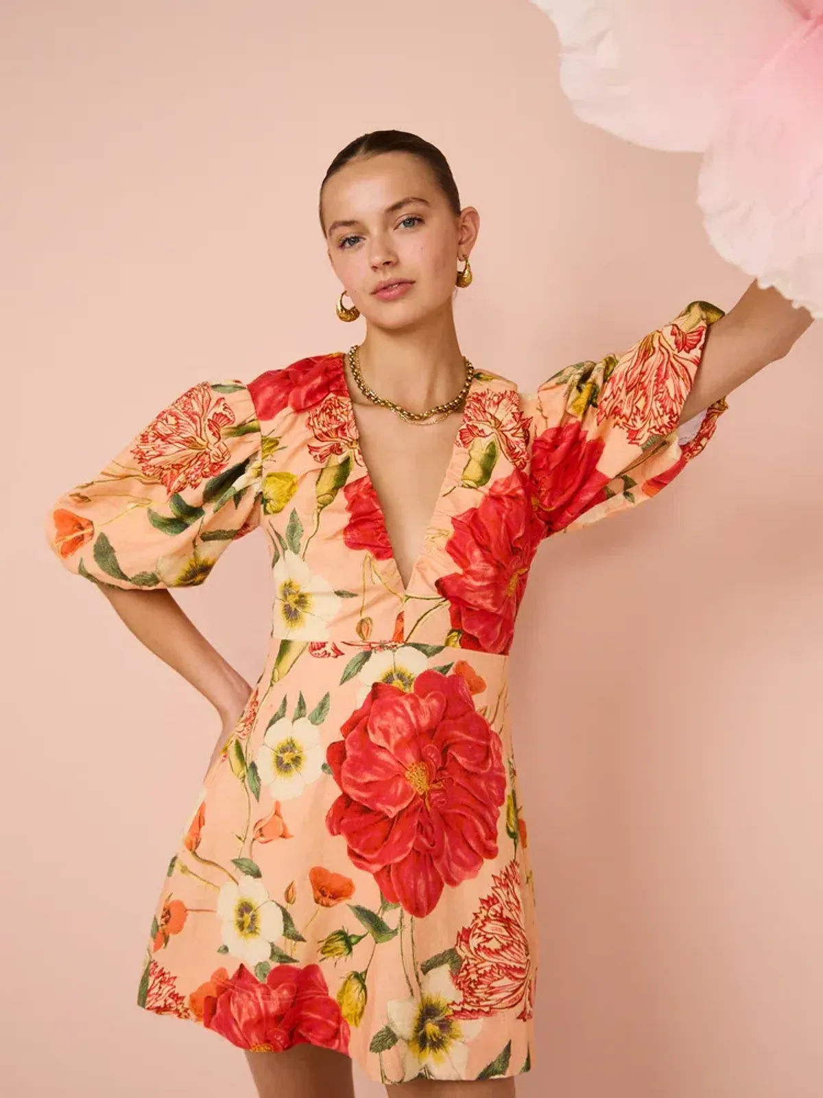 By Nicola Bolero Gathered Neckline Mini Dress In Raspberry Punch Floral Size 8 - Image 2