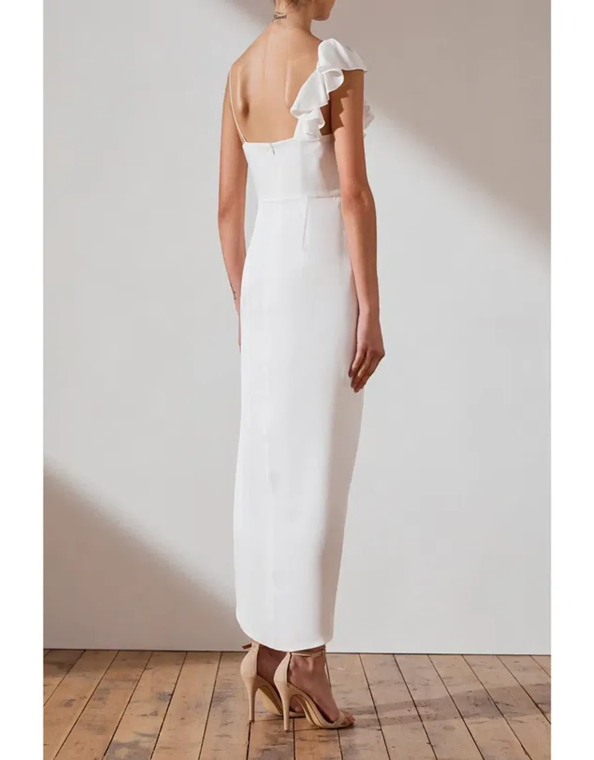 Shona Joy Asymmetrical Frill Midi Dress Ivory Size 10 - Image 3