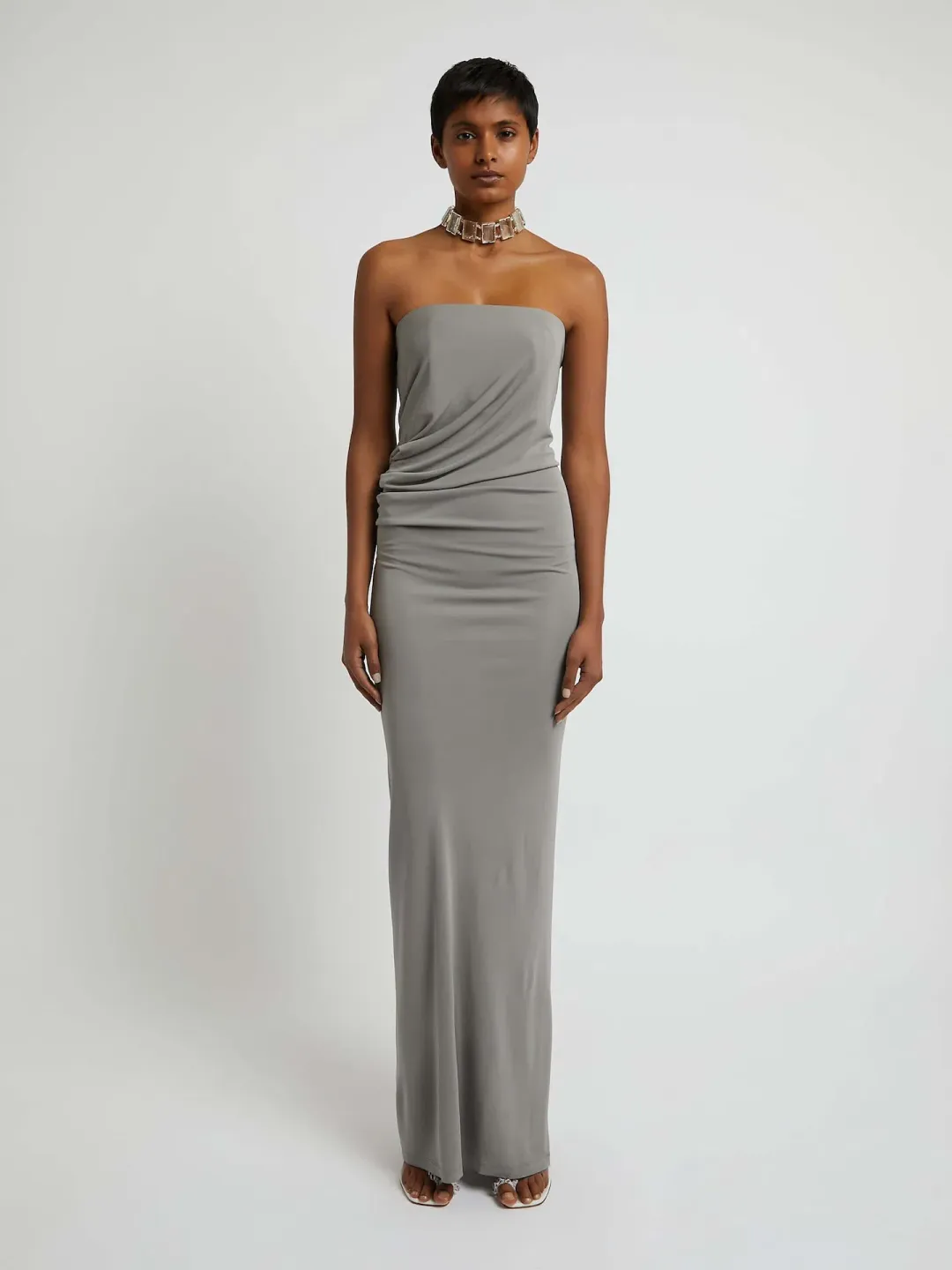 Christopher Esber Strapless Ruched Dress Grey Size 10 for rent on The Volte - main image