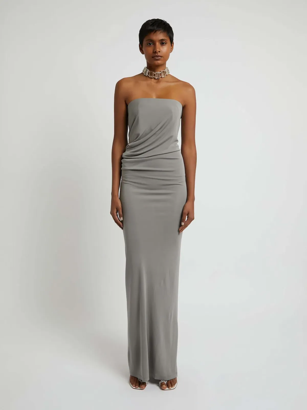 Christopher Esber Strapless Ruched Dress Grey Size 10 for rent on The Volte - main image