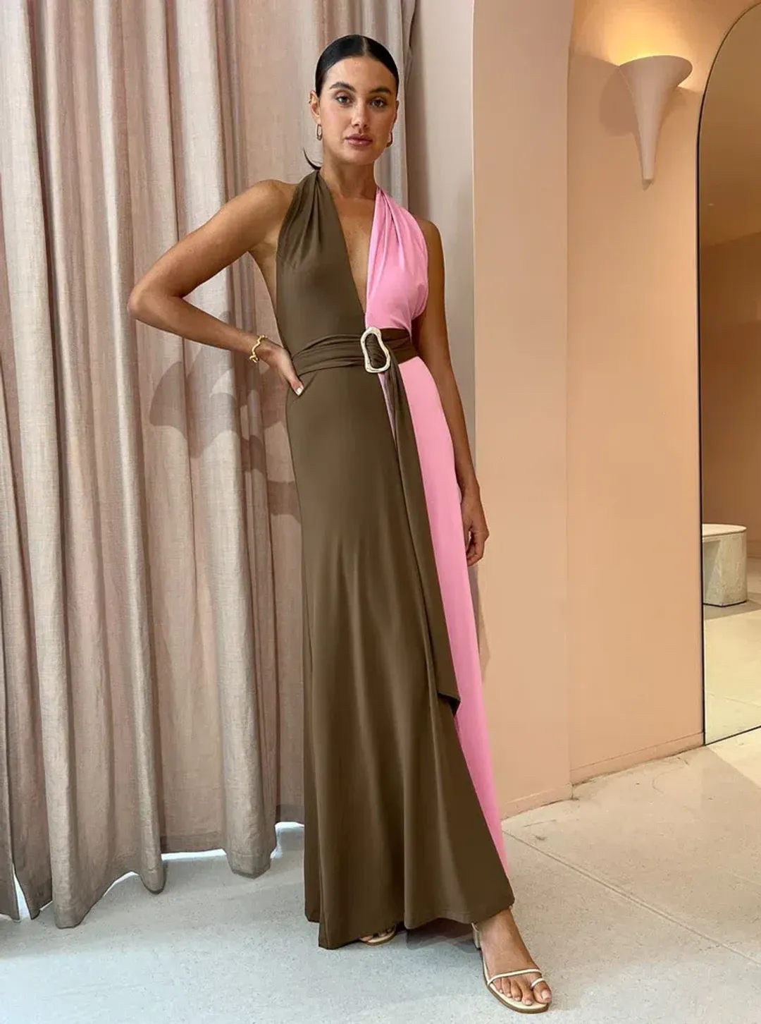 Hansen And Gretel Tempest Halter Wrap Dress In Carob/Pink Size 10 for rent on The Volte - main image