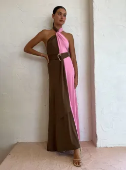 Hansen And Gretel Tempest Halter Wrap Dress In Carob/Pink Size 10 for rent on The Volte - image 1
