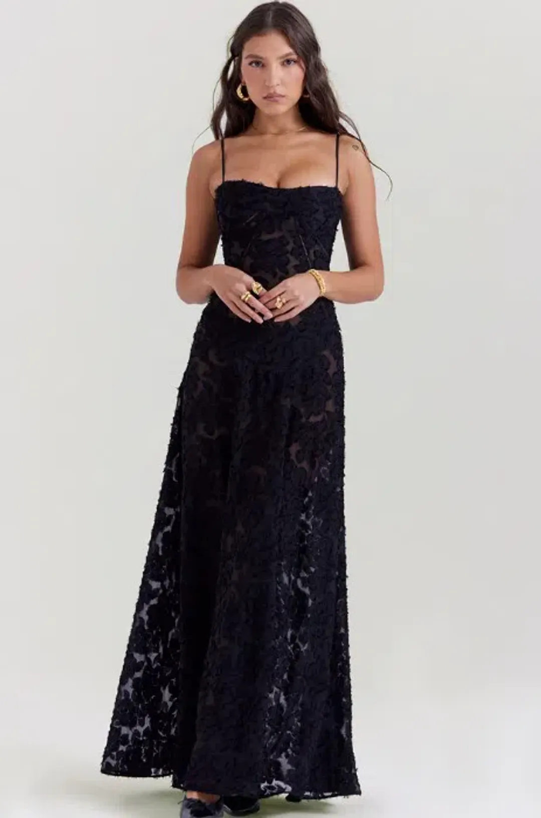 House Of Cb Seren Floral Sheer Lace Back Maxi Dress Black Size S / Au 8 for rent on The Volte - main image