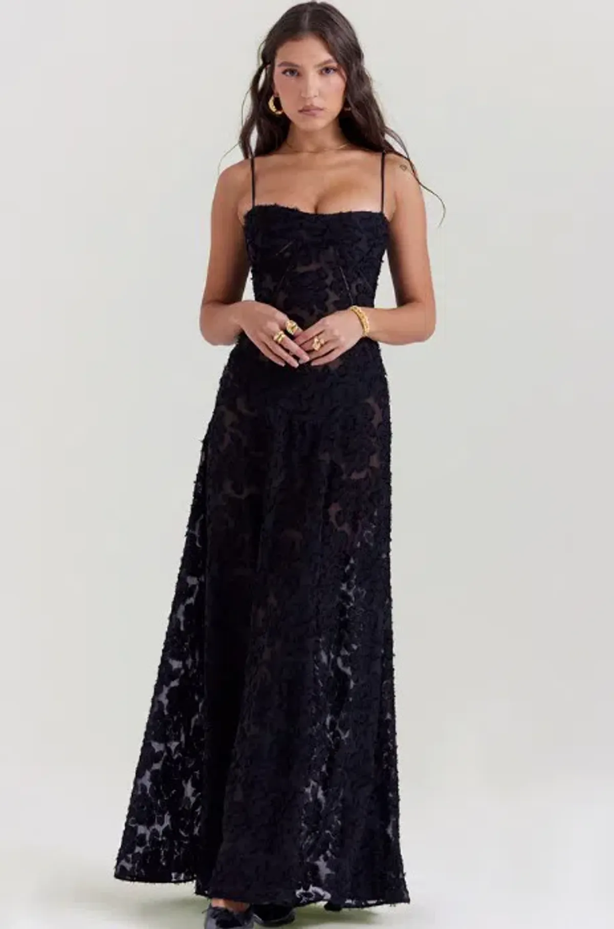 House Of Cb Seren Floral Sheer Lace Back Maxi Dress Black Size S / Au 8 - Image 1