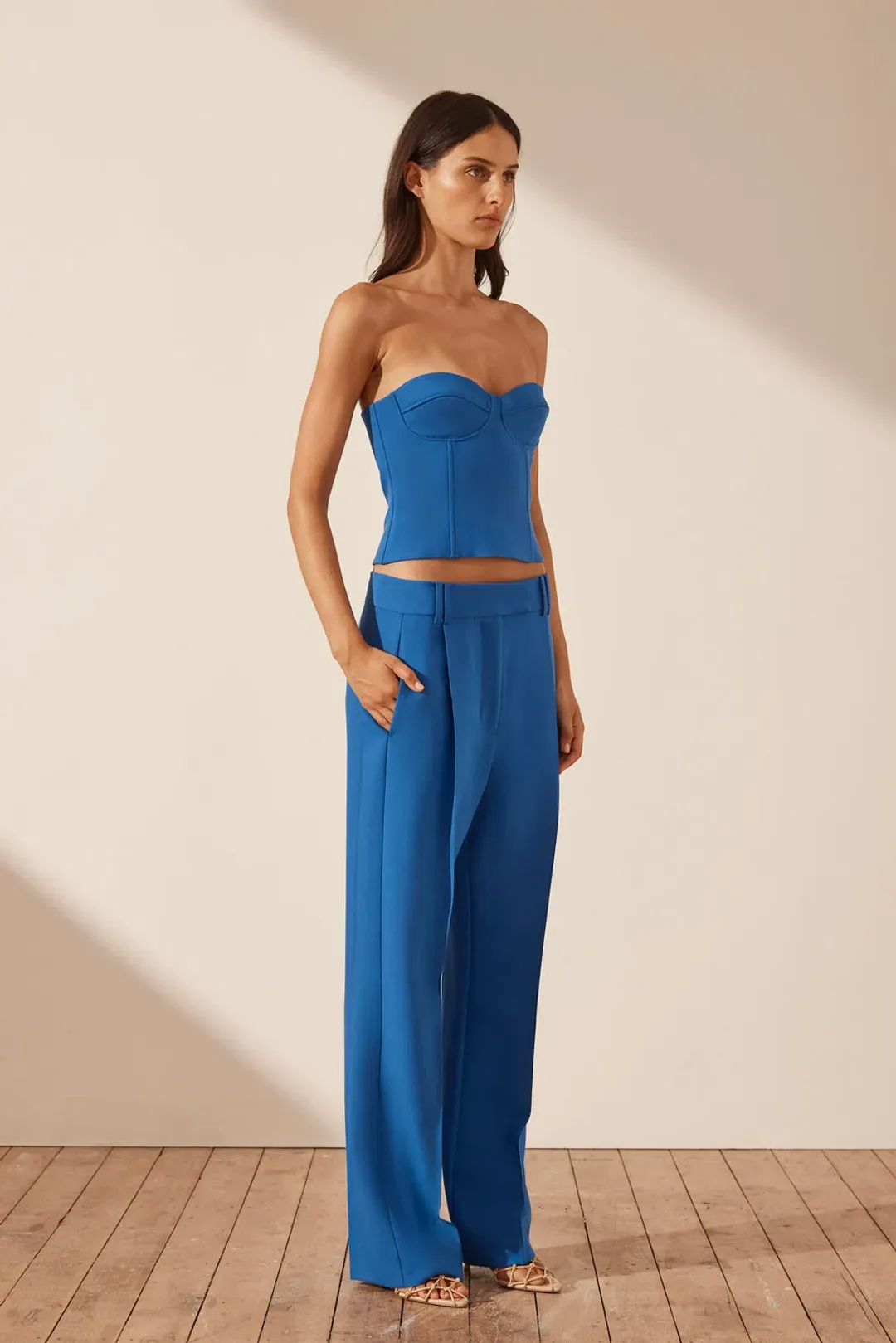Shona Joy Irene Strapless Corded Bustier and Low Rise Slouch Pants Cobalt Blue Size 10 for rent on The Volte - main image