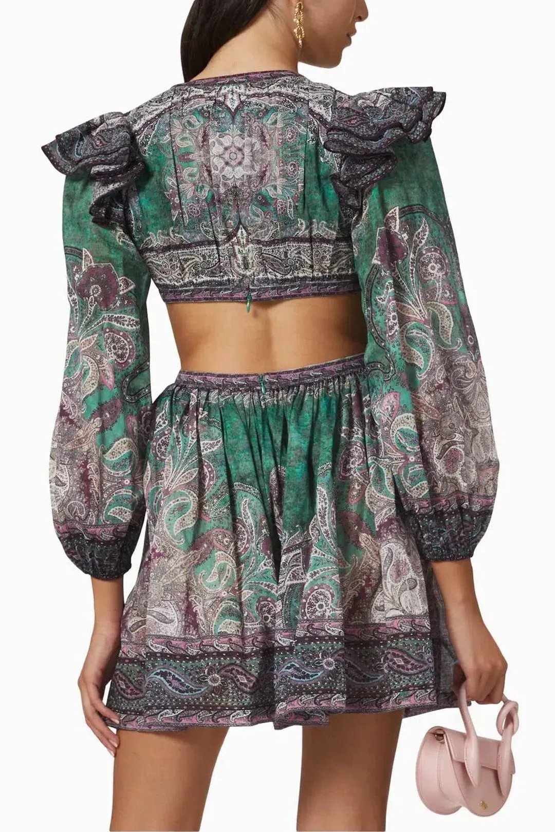 Zimmermann Anneke Ruffle Mini Dress Teal Paisley Size 3 / AU 14 for rent on The Volte - main image