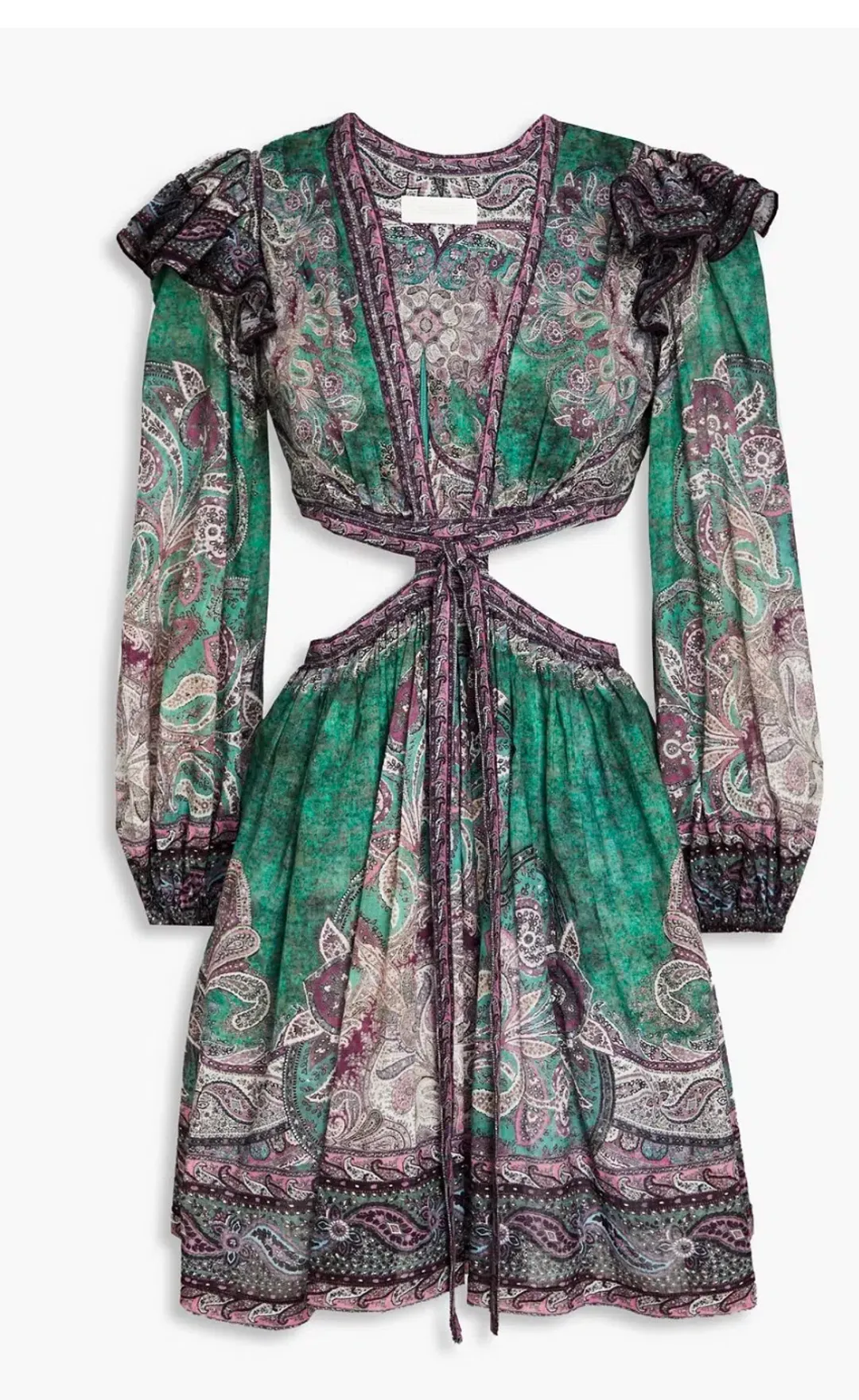 Zimmermann Anneke Ruffle Mini Dress Teal Paisley Size 3 / AU 14 for rent on The Volte - main image