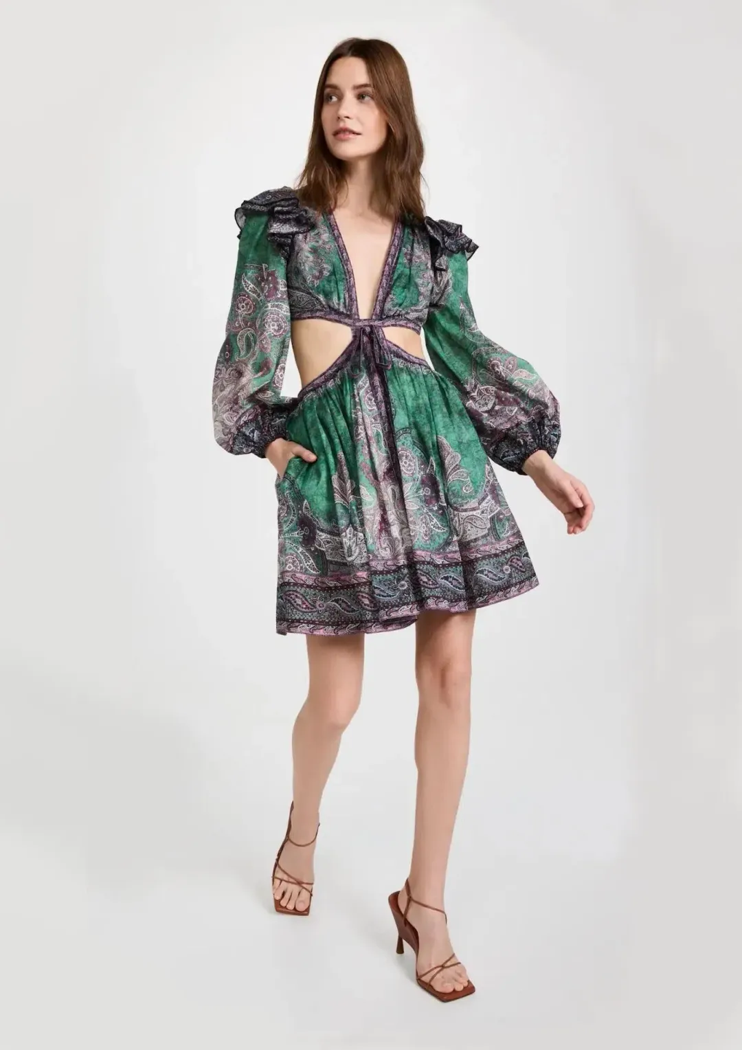 Zimmermann Anneke Ruffle Mini Dress Teal Paisley Size 3 / AU 14 for rent on The Volte - main image