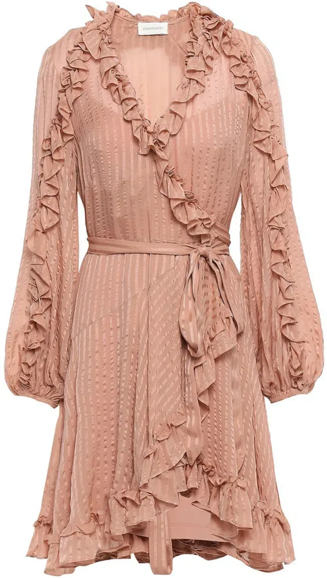 Zimmermann Cascade Ruffle Trimmed Silk Jacquard Mini Wrap Dress Pink Size 8 for rent on The Volte - main image