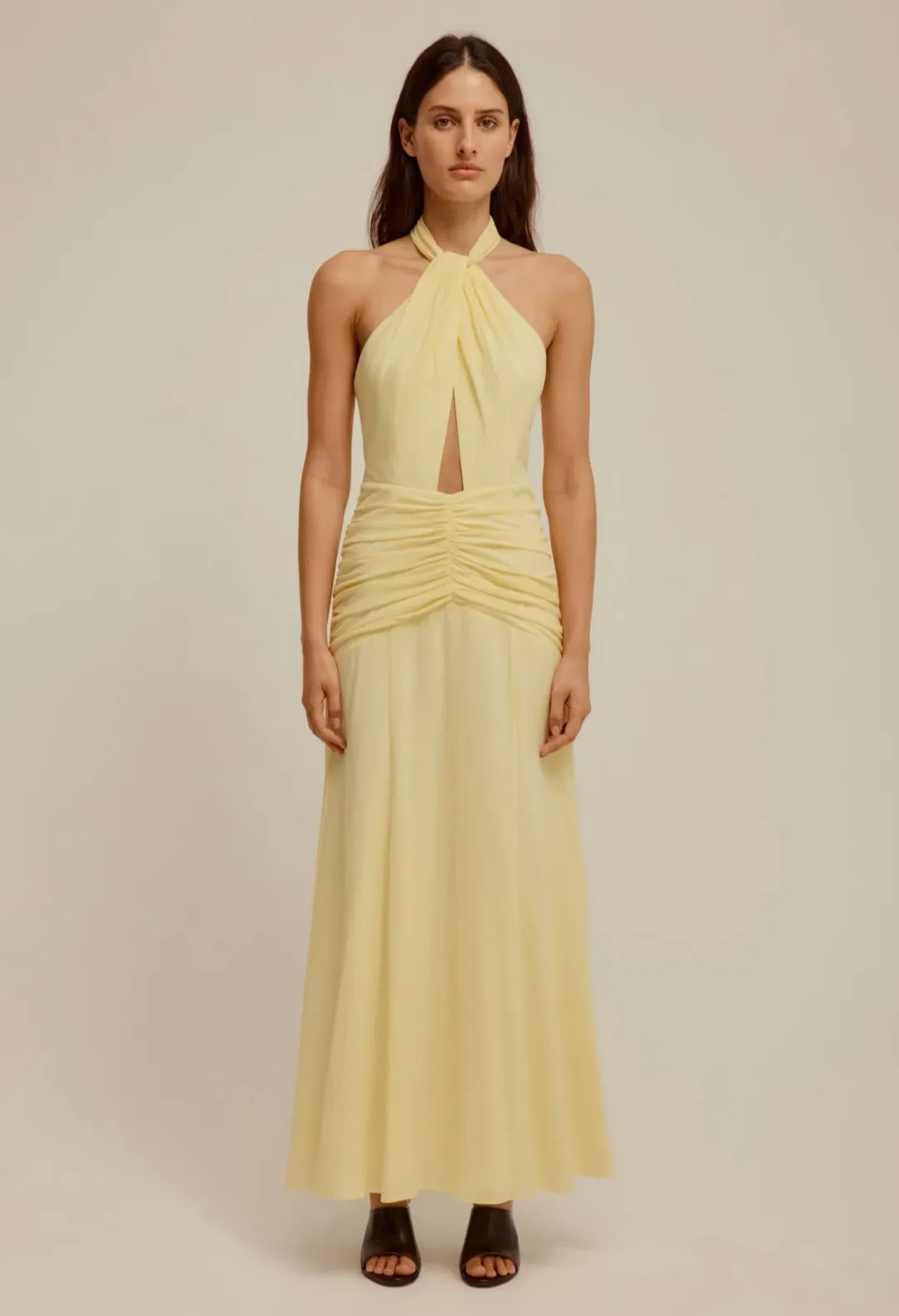Venroy The Halter Neck Cut Out Dress in Pastel Yellow Size 6 for rent on The Volte - main image