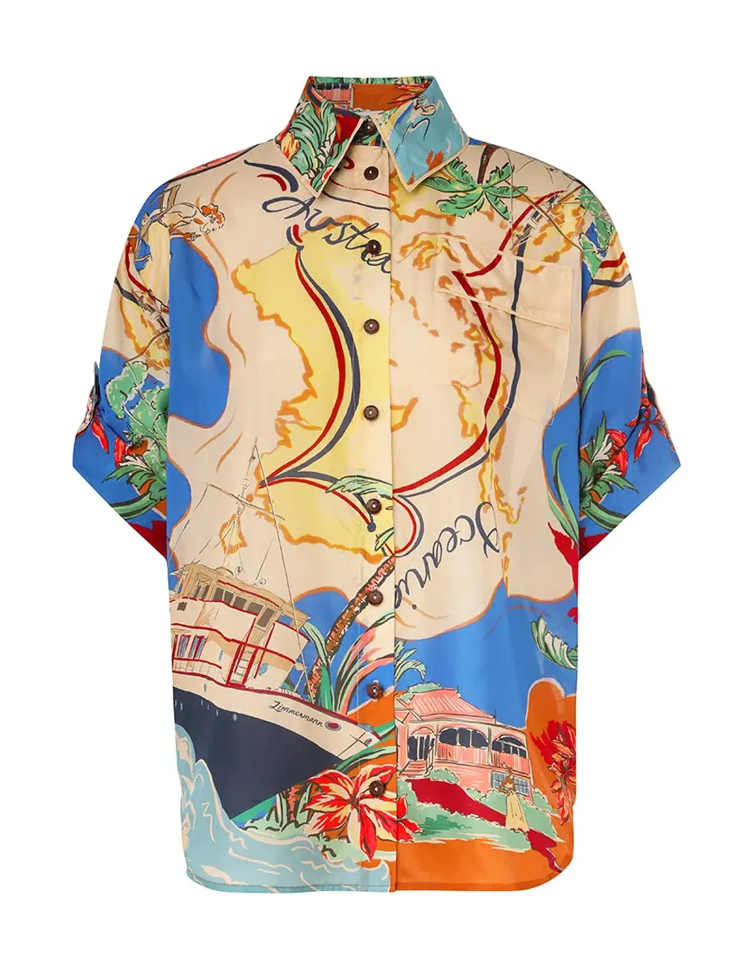 Zimmermann Alight Short Sleeve Shirt and Draw Waist Short Set in Nautical Map Size 8 for rent on The Volte - main image