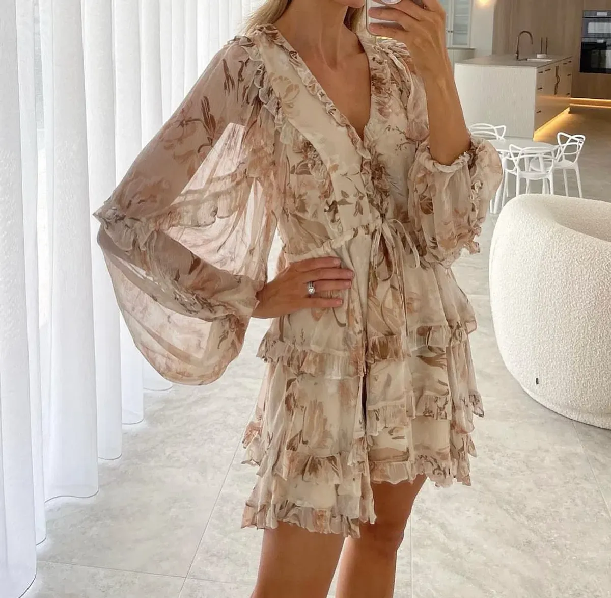 Shona Joy Nina Balloon Sleeve Frill Mini Dress Floral Size 6 - Image 3