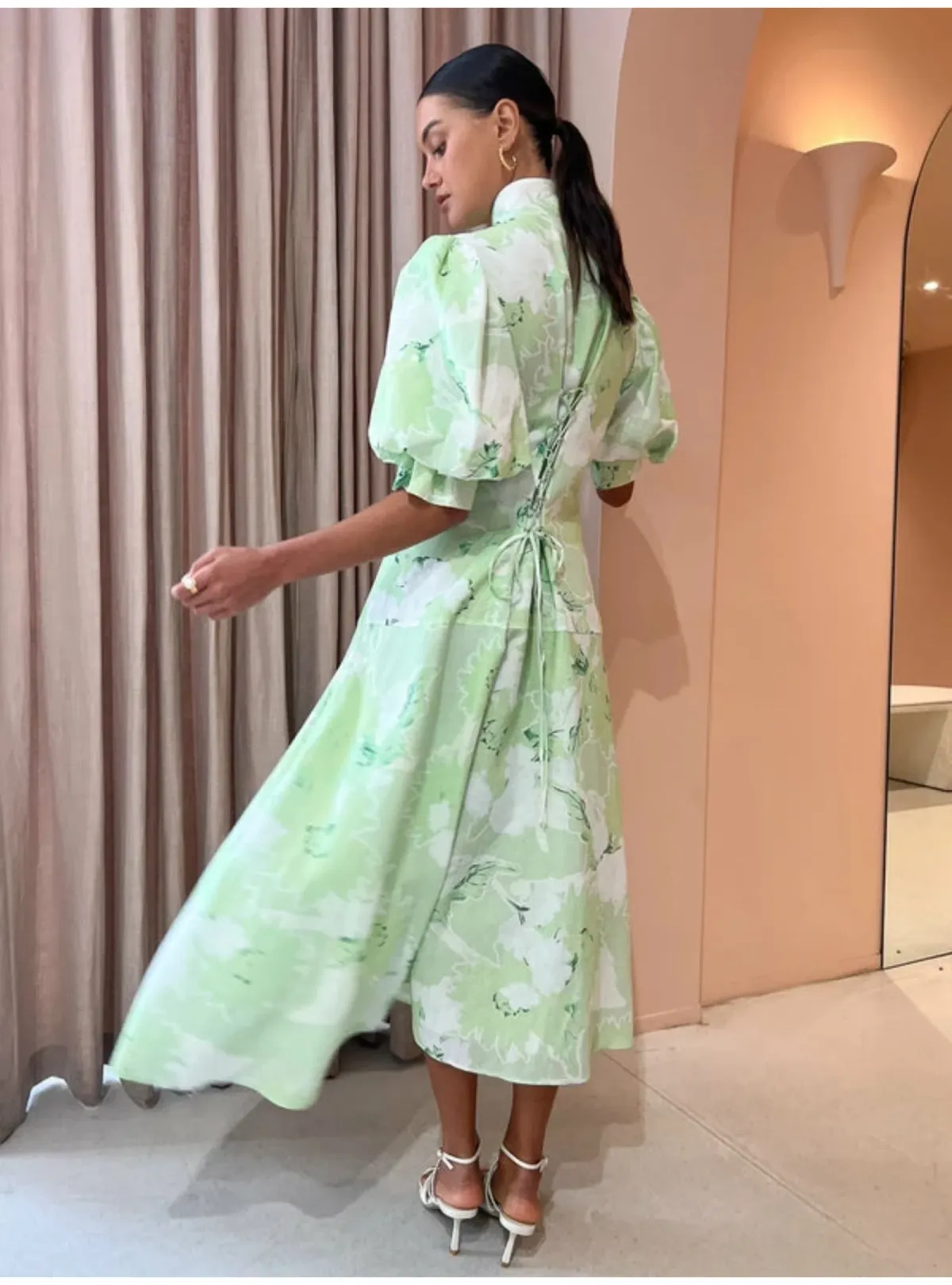 Leo Lin Anneke Drawstring Midi Dress in Sage Size AU 12 - Image 3
