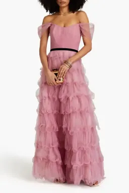 Marchesa Notte Off-the-shoulder Tiered Tulle Gown Pink Size AU 8 for rent on The Volte - image 1