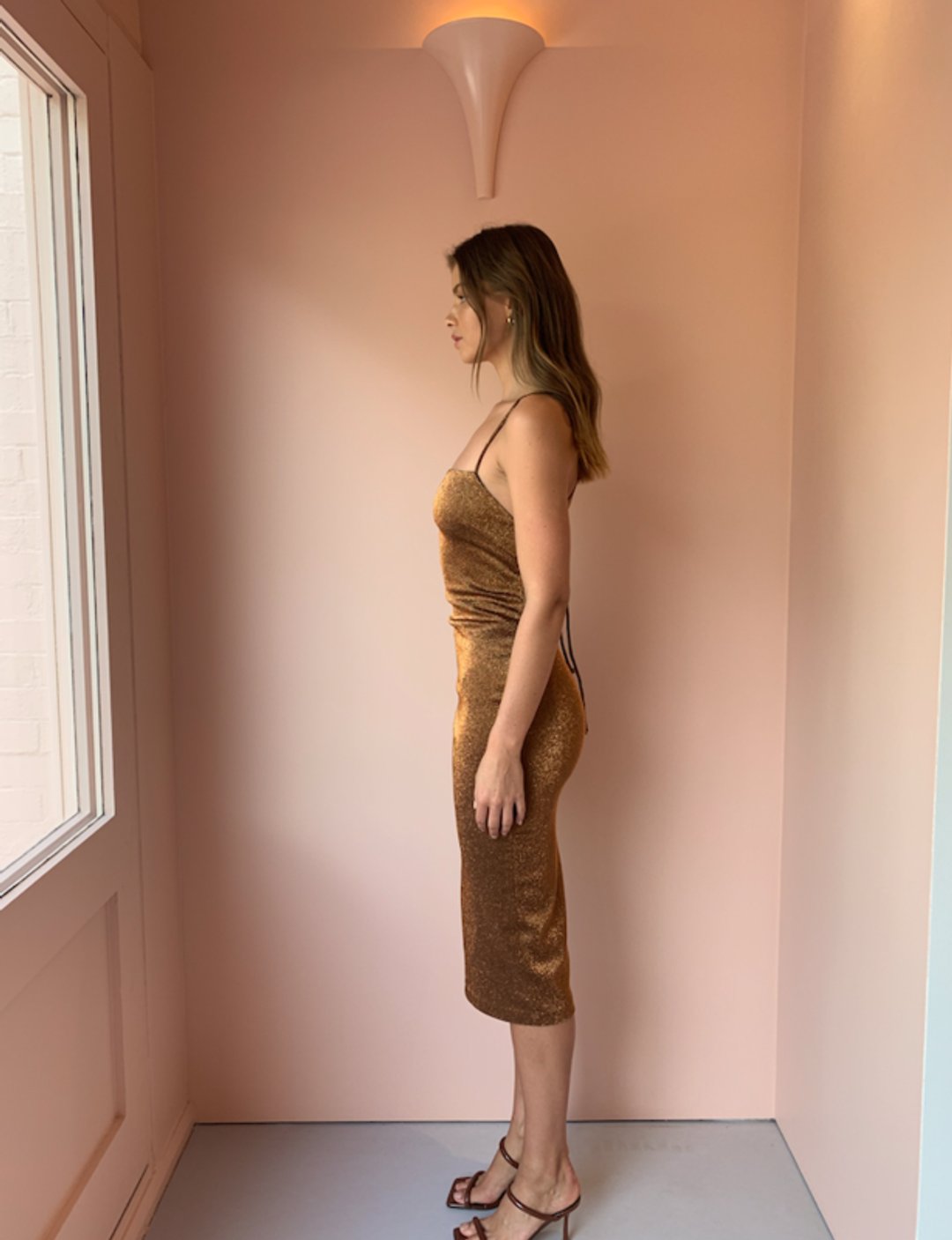 Bec & Bridge Bronze Baby Midi Dress Brown Size 8 for rent on The Volte - main image