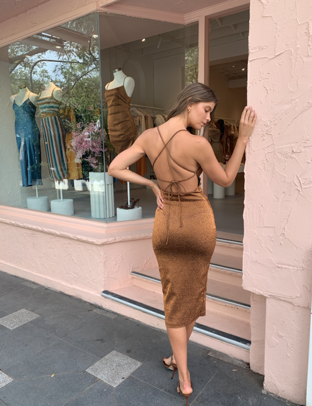 Bec & Bridge Bronze Baby Midi Dress Brown Size 8 for rent on The Volte - main image