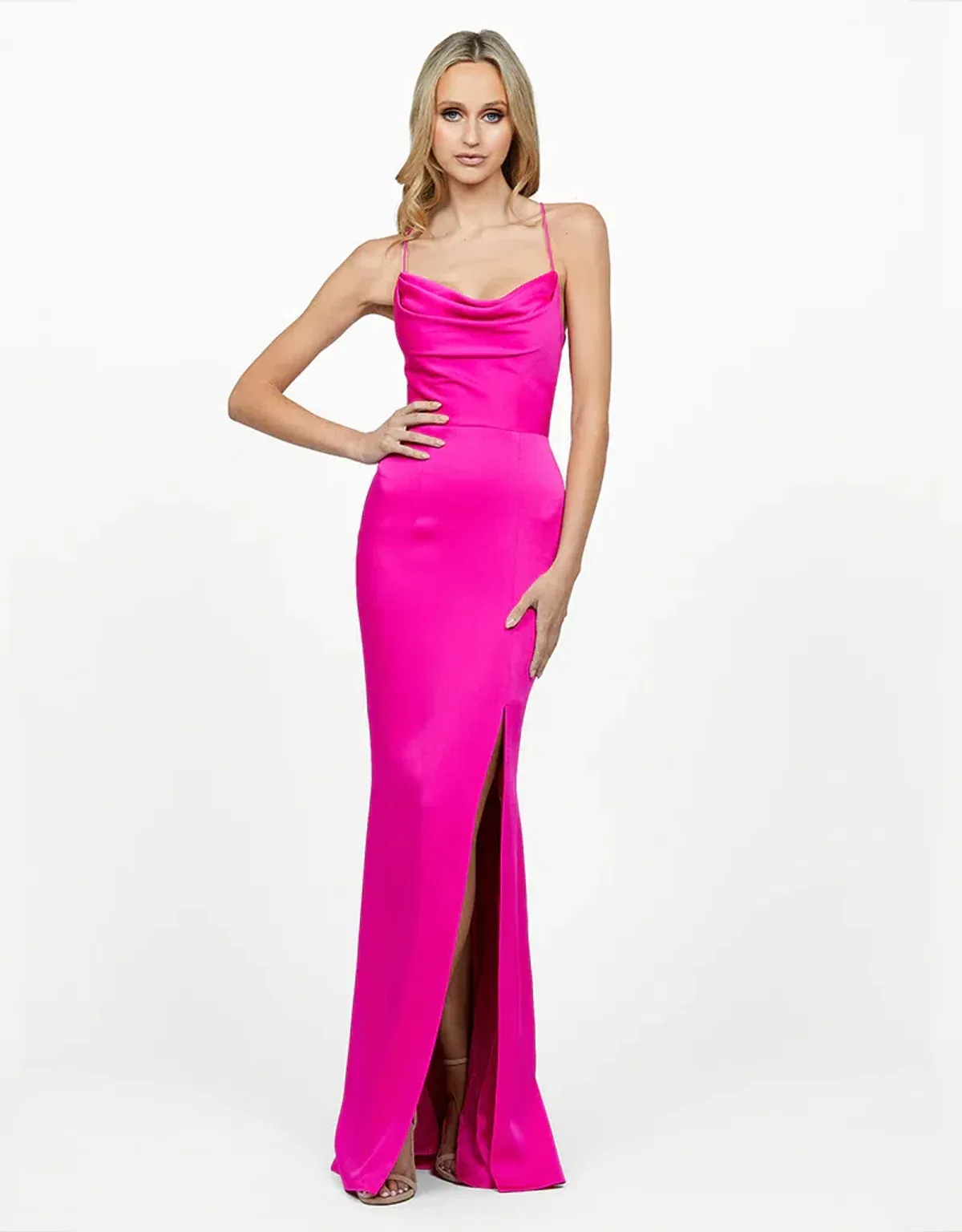 Bariano Valentine Cowl Neck Strappy Back Gown Pink Size AU 14 for rent on The Volte - main image