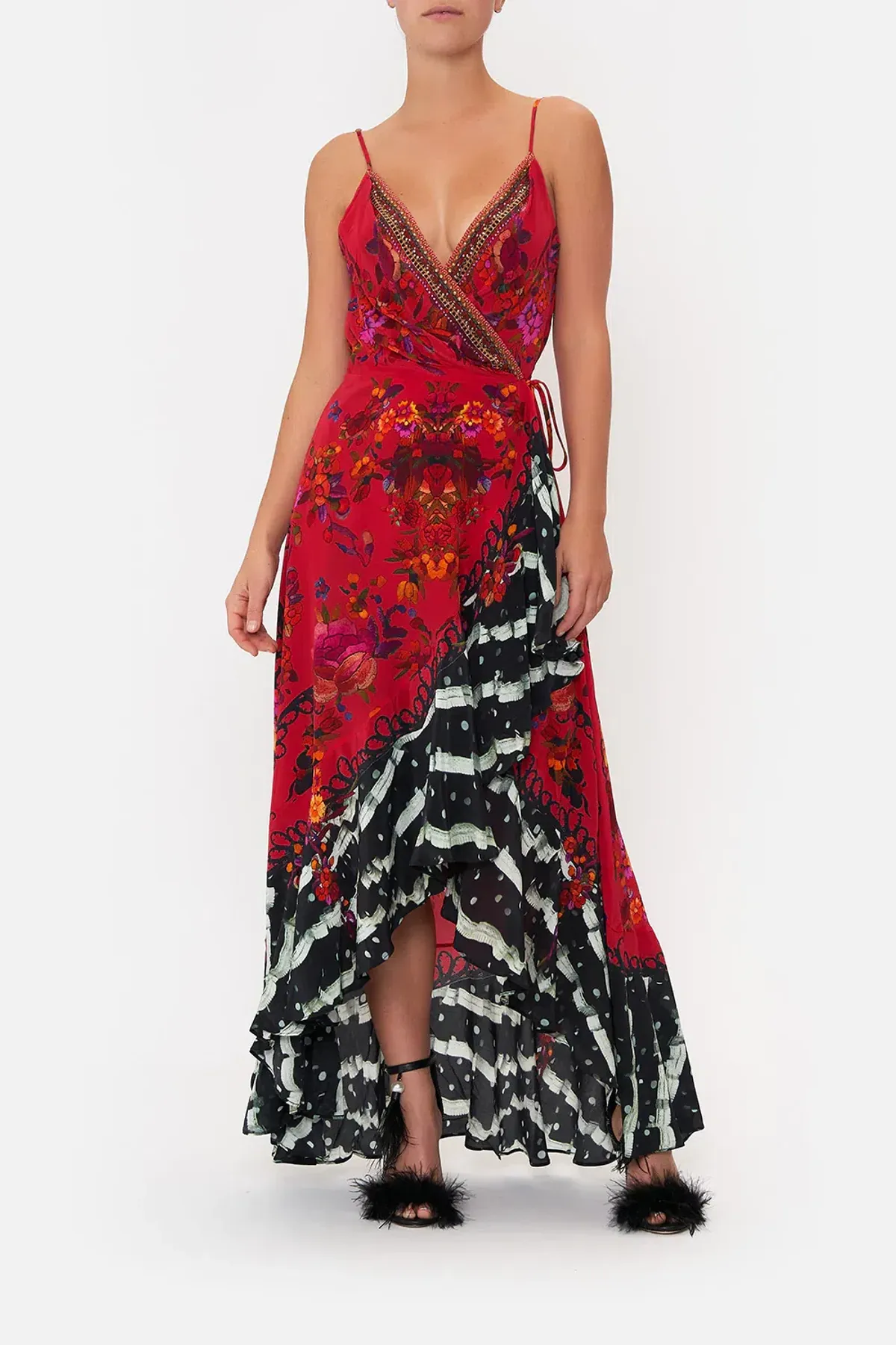 Camilla Draped Front Wrap Dress Red Multi Size 10 for rent on The Volte - main image