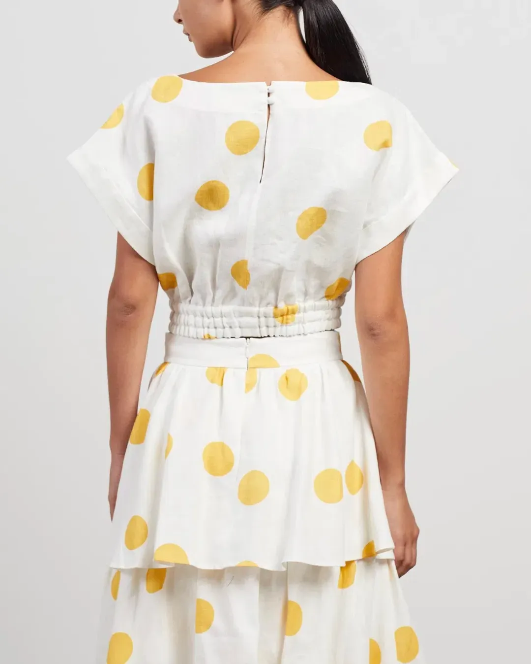 Rebecca Vallance Aya Polka-Dot Linen Midi Skirt and Crop Set White Print Size 12 for rent on The Volte - main image