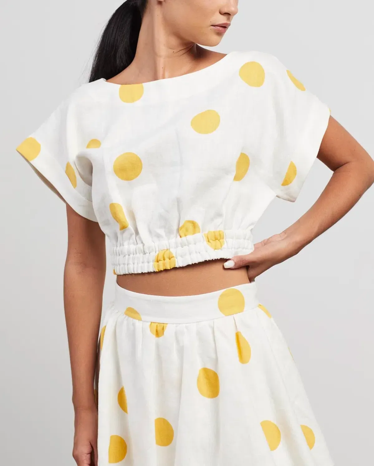 Rebecca Vallance Aya Polka-Dot Linen Midi Skirt and Crop Set White Print Size 12 - Image 3
