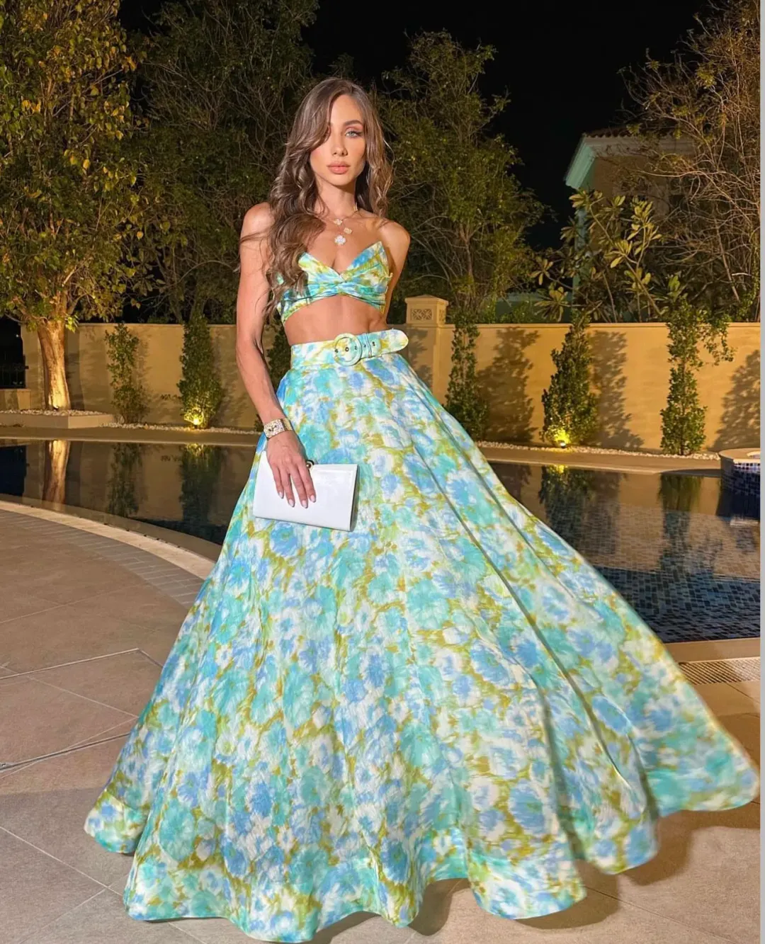 Zimmermann High Tide Twist Crop Bodice & Maxi Skirt Set in Aqua Ikat Floral Size 1 / AU 10 for rent on The Volte - main image
