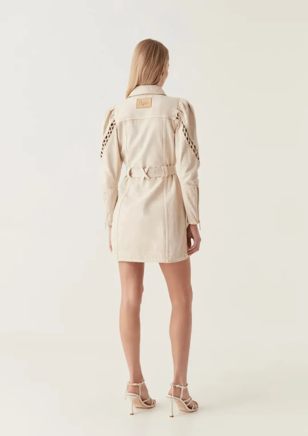 Aje Effie Braided Denim Mini Dress Beige Size 8 for rent on The Volte - main image