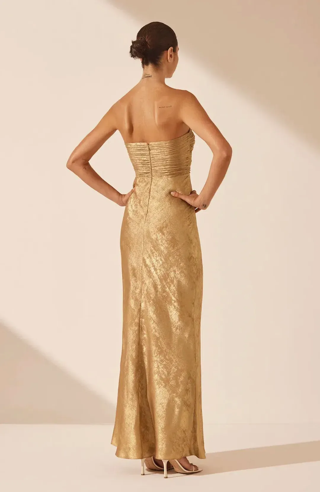 Shona Joy Royale Strapless Lace up Maxi Dress Gold Size 6 for rent on The Volte - main image