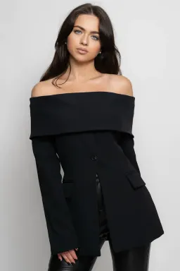 Sierra Darien Cut Out Shoulder Jacket and High Waist Loose Pants Set Black Size M / AU 10 for rent on The Volte - image 1