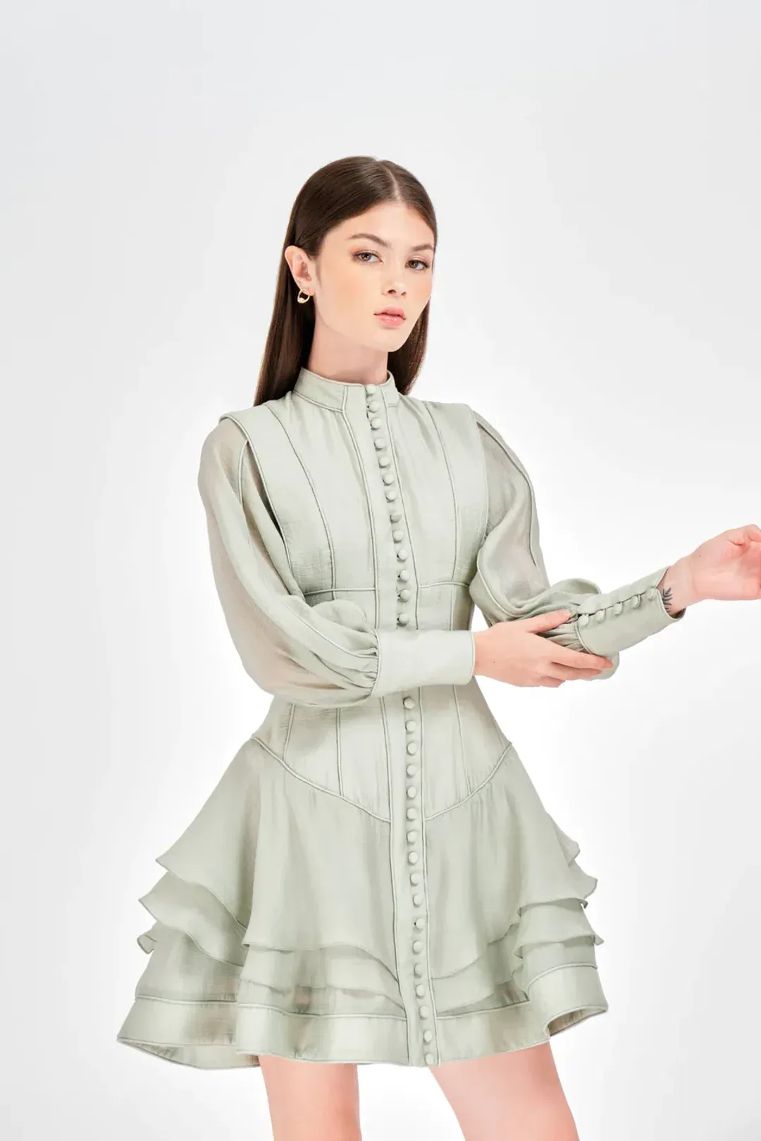 Justin Tong Xander Mini Dress Green Size 8 for rent on The Volte - main image