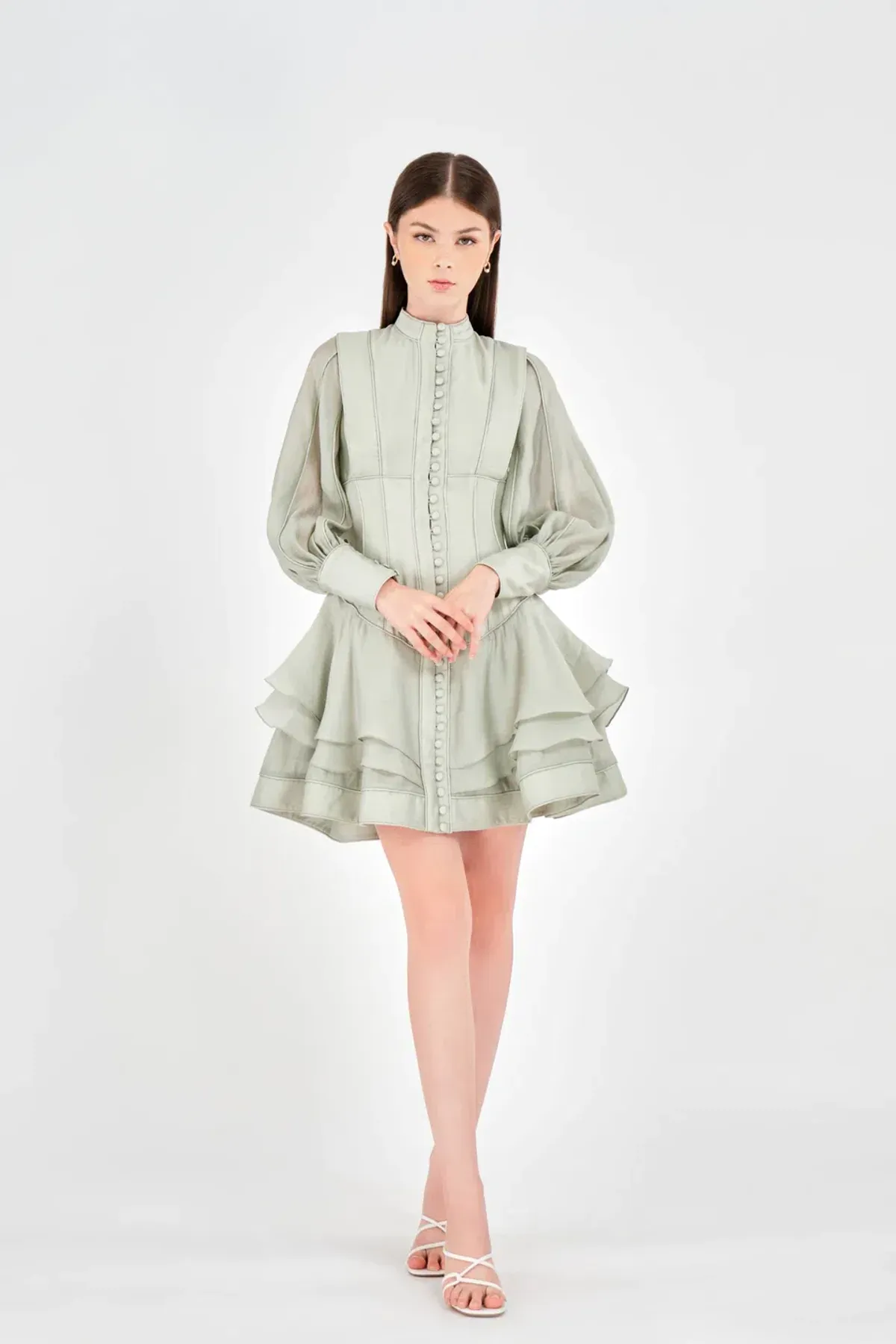 Justin Tong Xander Mini Dress Green Size 8 for rent on The Volte - main image