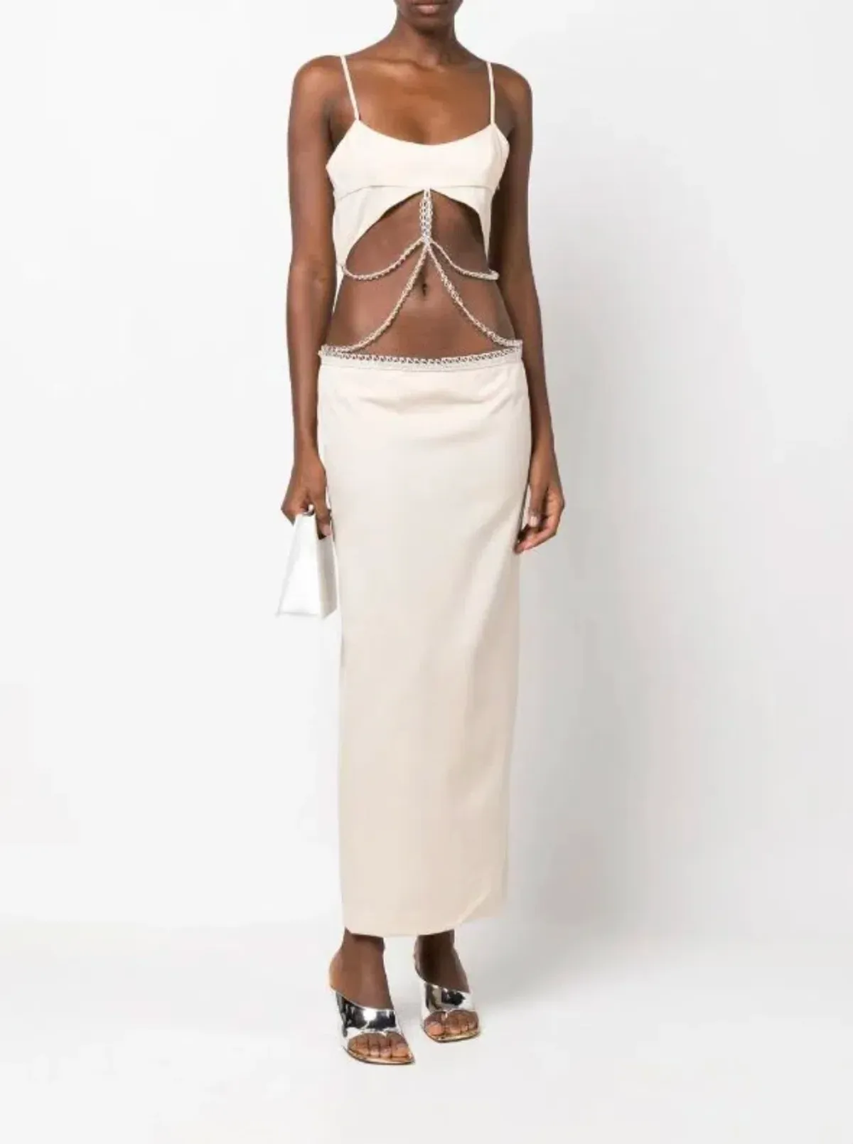 Christopher Esber Crochet Glass Pearl Tie Dress Beige Size 12 for rent on The Volte - main image