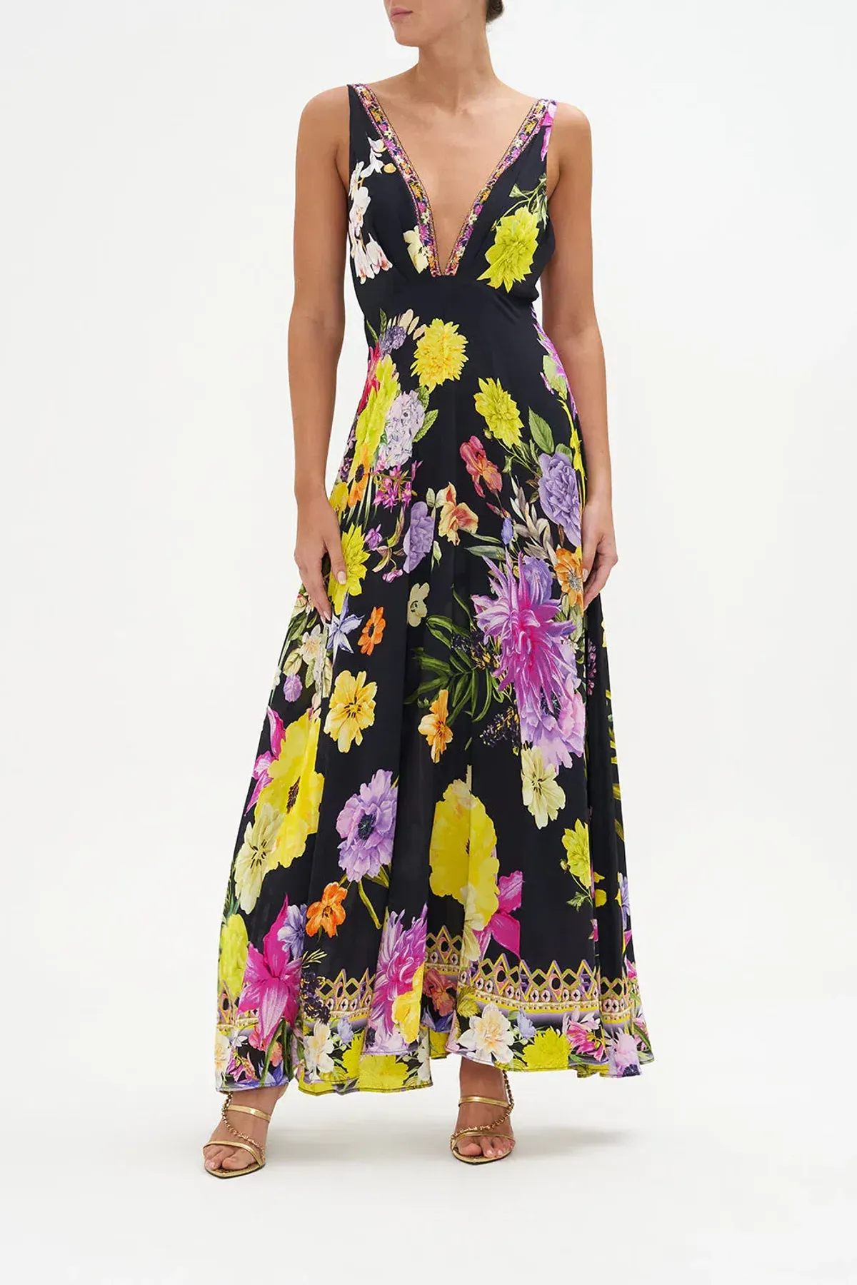 Camilla Peace Be With You Plunge Neck Maxi Dress Black Floral Size 10 - Image 1