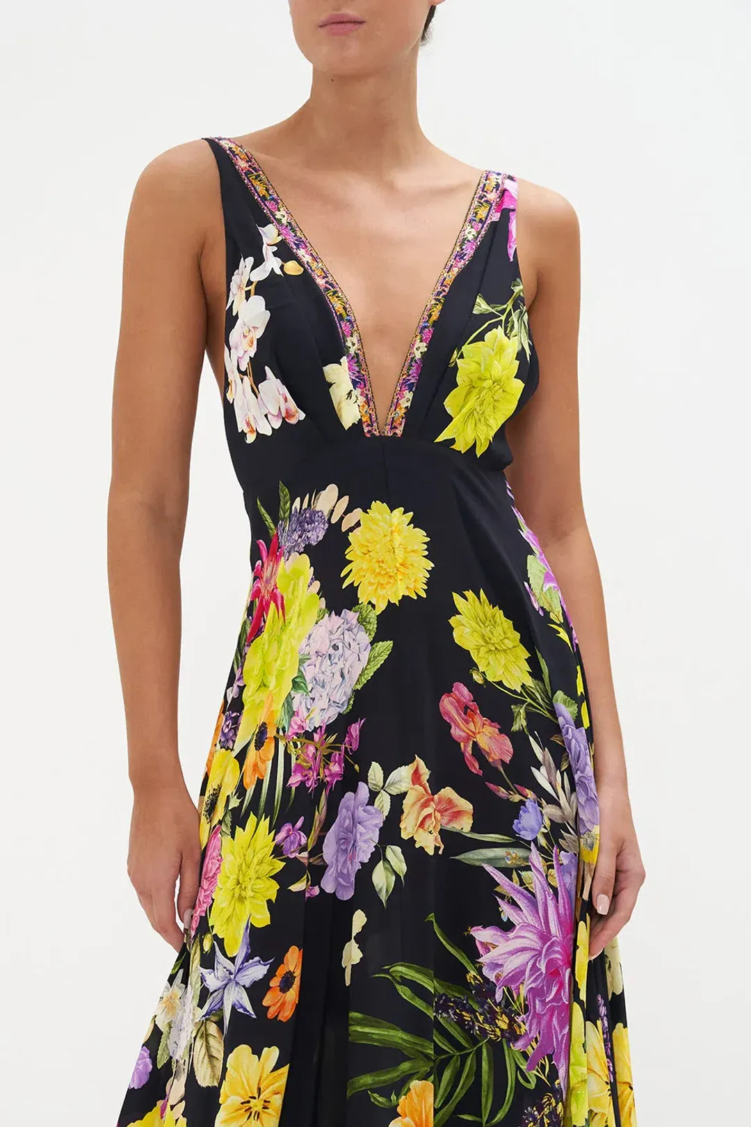 Camilla Peace Be With You Plunge Neck Maxi Dress Black Floral Size 10 for rent on The Volte - main image