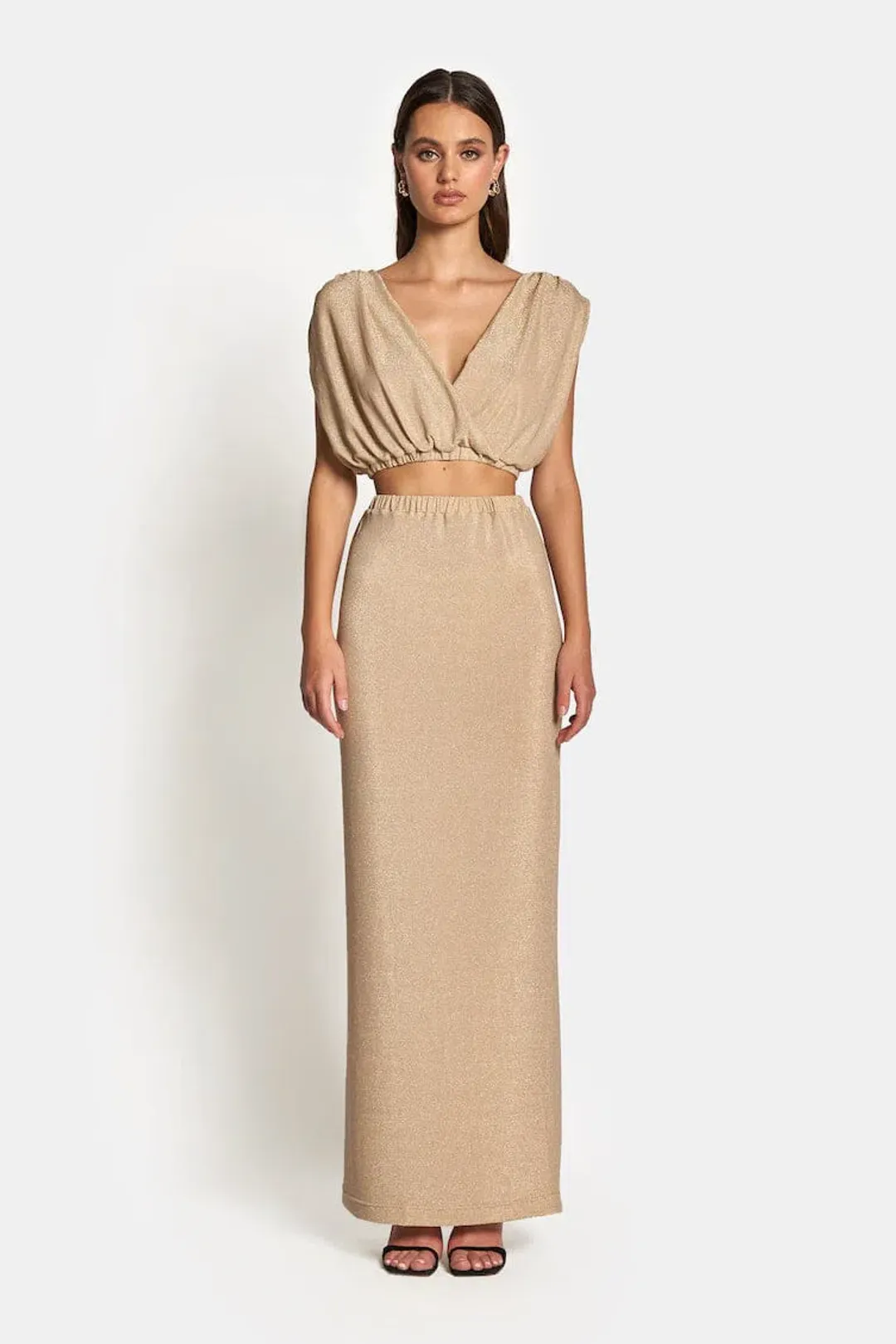 Sofia The Label Valentina Draped Crop Top and High Waist Maxi Skirt Set In Gold Lurex Size 8 for rent on The Volte - main image